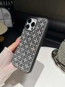 1pc Black Rhombus Studded Phone Case, Oil Painting Texture Anti-Drop Bling Phone Cover Suitable For IPhone 16 Pro Max/13/14 Pro/15 Plus