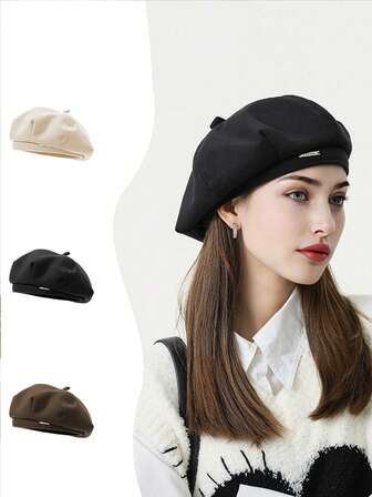 1 件女士黑色贝雷帽，春秋款，大头围，修饰小脸，画家帽适合日常佩戴