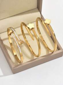 3pcs Stainless Steel Golden Bracelet Set 18K Vacuum Electroplating, Not Easy To Fade, Inlaid With Zirconia, Suitable For Daily Wear, Fashionable And Elegant Ladies' Bracelet Set Jewelry Gold Jewelry Jewelry Women Bracelets Accessories Women Stainless Steel Jewelry Bracelets For Women Western Jewelry