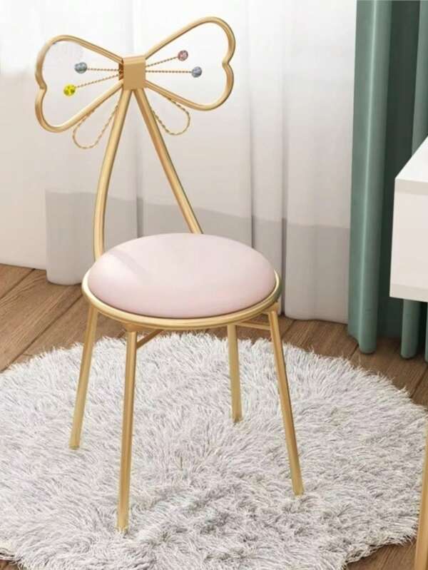 Cadeira de maquiagem borboleta com encosto em laço para quarto, cadeira de manicure com encosto removível, pequena cadeira de maquiagem borboleta em forma de coração para meninas, cadeira de maquiagem com mesa lateral e assento para penteadeira com perna de metal dourada, almofada de veludo