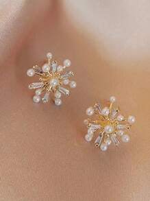 1 Pair Stylish Luxury Crystal & Faux Pearl Flower & Star Firework Stud Earrings, Suitable For Women Everyday Wear Jewelry