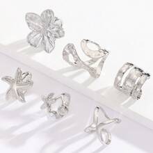6pcs/Set Fashion Metal Golden Sea Star & Shell Flower Rings Set, Suitable For Gifts, Matching Daily Outfits, Parties, Dates, Beaches