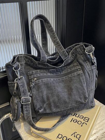 Nueva moda casual distintiva bolso de mano de mezclilla suave con múltiples bolsillos y monedero, bolso de hombro de gran capacidad de unicolor, estilo artístico tipo mochila cruzada para universidad, adecuado para trabajo, viajes y vuelta al colegio, se ajusta perfectamente al estilo de chica de mezclilla