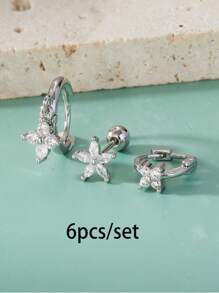 3/6pcs Cubic Zirconia Five Petal Flower Stud Earrings Set For Women Stacking Simple Huggies Cartilage Small Hoop Earring Jewelry