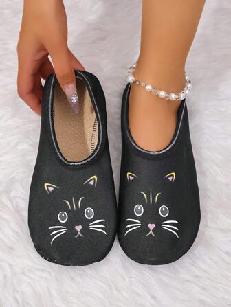 Women's Autumn/Winter Indoor Slippers, Cute Cat Print House Non-Slip Socks