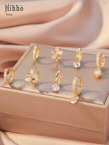 Hihho 8 件/套经典花形水晶耳钉，搭配闪亮锆石耳圈，优雅女士珠宝套装，非常适合日常佩戴和节日派对礼物 - 金黃色 - 查看 4