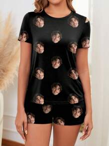 Customized Women's Pajama Set, Unique Big Head Photo, Couple Face Replacement, Holiday Atmosphere