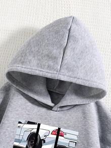 Tween Boy Cartoon Car Print Warm Hoodie Sweatshirt - Grey - View 3