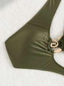 1pc Elegant Solid Color Sexy Hollow Out Knitted Fabric Women One Piece Swimsuit