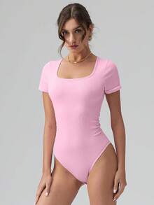 OQQ Women Bodysuits Ruched Short Sleeve Square Neck Stretch Lounge Travel Bodysuits - Pink Cherry Blossom - View 5