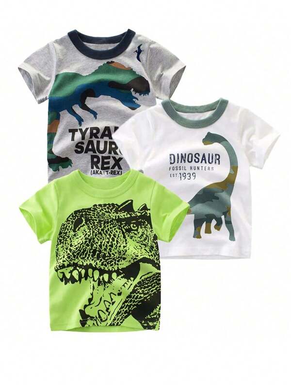 Juego de 3 piezas para niños jóvenes, camiseta casual con cuello redondo de manga corta impresa con dinosaurio tiranosaurio rex y letras, cómoda y transpirable