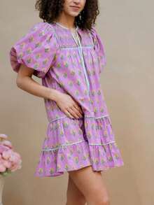 Women V Neck Floral Print Short Dress Summer Slim Fit Short Sleeve Y2K Striped Casual A Line Dresses With Pockets Aesthetic Clothes Beach Streetwear - 紫色 - 查看 3
