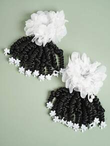 SprBuds 2 件套迷你马尾辫、儿童马尾辫接发、带花形夹子的辫子、带珍珠花点缀的花环、带弹性领带的甜美接发、带蝴蝶结的扭马尾辫、可爱的小辫子、适合女孩休闲派对返校发饰的漂亮假发、儿童节日礼物 - 自然黑 - 查看 5