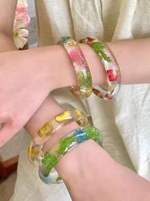 8 Colors Available Elegant Minimalist Resin Transparent Bracelet With Dried Flowers, Suitable For Daily, Street, Beach Travel Wear - Multicolor - View 4