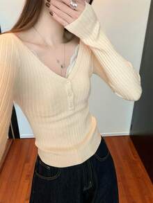 Korean Style V-Neck Button Design Slim Fit Layered Long Sleeve Knitted Sweater Tops, Autumn/Winter - Apricot - View 2