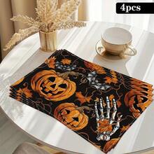 4 pièces Sets de table en lin imprimés d'éléments de citrouille, de diable et de crâne pour Halloween - Sets de table rectangulaires en lin tissé, à utiliser dans le salon, la cuisine, la table de café, la décoration de table de salle à manger