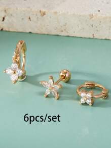 3/6pcs Cubic Zirconia Five Petal Flower Stud Earrings Set For Women Stacking Simple Huggies Cartilage Small Hoop Earring Jewelry