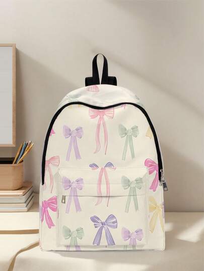 1 件彩色蝴蝶结背包，带口袋，拉链开合，适合男孩和女孩，时尚的日常背包，适合学校和户外活动