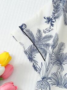 2 件柔软棕榈树和长颈鹿印花翻领纽扣短袖上衣带口袋和蝴蝶结短裤睡衣套装，女士家居服，春夏季 - 白色 - 查看 6