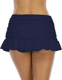 Halcurt Women's Low Waisted Ruched Ruffle Swim Skirts With Hipster Bikini Bottoms Tummy Control Swimsuit - Navy/Ruched - View 5