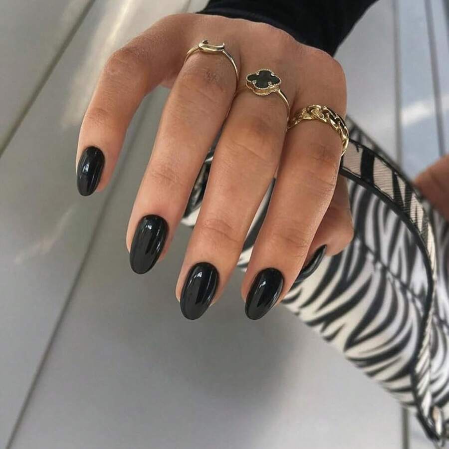 Press On Nails Black Oval Acrylic Fake Nails Press Ons, Natural Glue On Nails Short Almond, Reusable One Color Soft Gel Stick On Nails Set For Women Finger Decoration - 黑色 - 查看 1