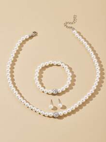 Set de 4 piezas de joyería con collar, pulsera y aretes de perlas falsas elegantes, adecuado para cenas formales, citas y fiestas