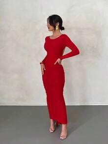 Robe de soirée élégante et fendue au dos pour femmes, avec volants et ourlet fendu, convient pour les mariages et les dîners de gala - Rouge - Voir 2