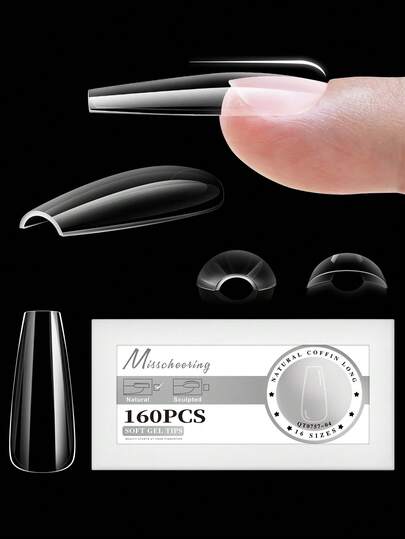160/320 件预成型弧形全覆盖假指甲片软凝胶按压式法国杏仁胶囊棺材人造假指甲延长片 16 种尺寸