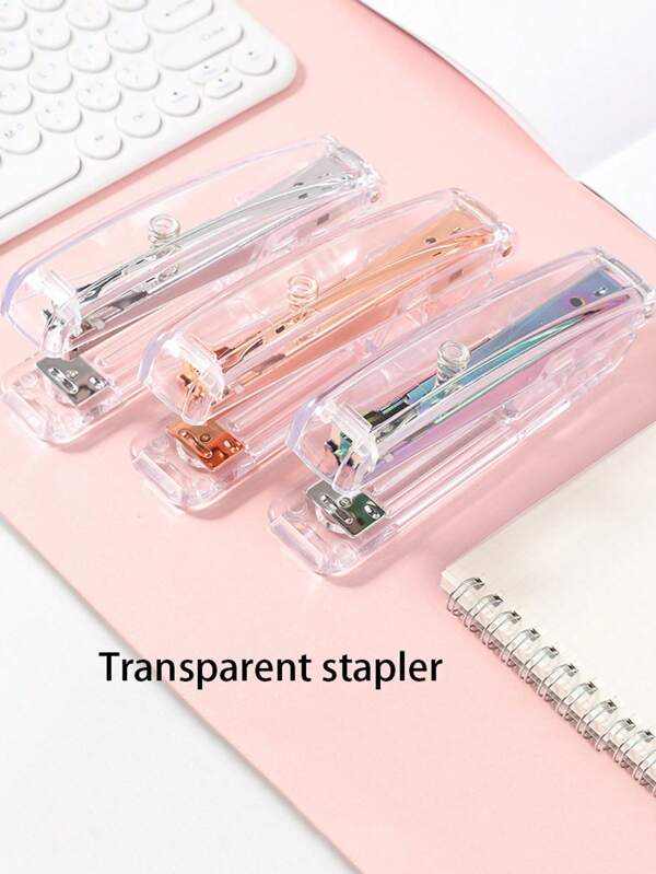 1pc Minimalist Transparent Rose Gold Stapler Set, Office Medium Size 12# Stapler With Staple Refill, Labor Saving, School Supplies,Back To School