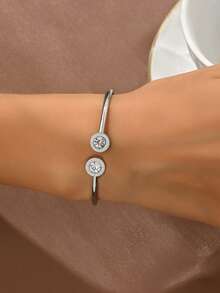 1pc Simple Rhinestone Adjustable Bangle Bracelet For Women, Hypoallergenic, Fashion Jewelry, Fashionable Accessory - Silver - View 5