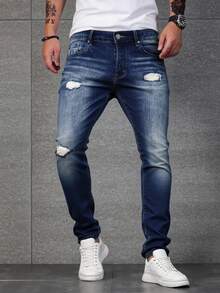 Pantalones vaqueros ajustados para hombre de color azul, tela transpirable y cómoda, ideales para estilos casuales urbanos