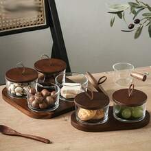 1件套豪华甜品碗配红木托盘，家用水果盘，小吃托盘，客厅隔间果盘，茶室玻璃碗甜点，红木托盘，礼物 - 金色 - 查看 10
