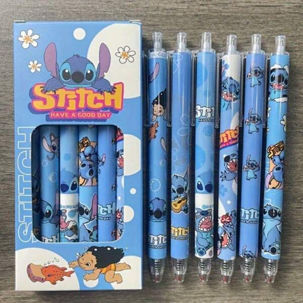 Disney Set de 6 bolígrafos de punta retráctil con diseño de Stitch, color negro, lindos, de gran capacidad, de secado rápido, como regalo escolar, papelería de cumpleaños, útiles escolares, vuelta al cole