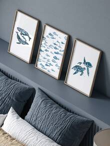 3 件动物绘画海报乌龟挂画鲸鱼印刷图片夏季海报套装海洋动物墙面艺术海岸装饰现代家居装饰儿童房墙壁装饰可选框架 - 藍色 - 查看 10