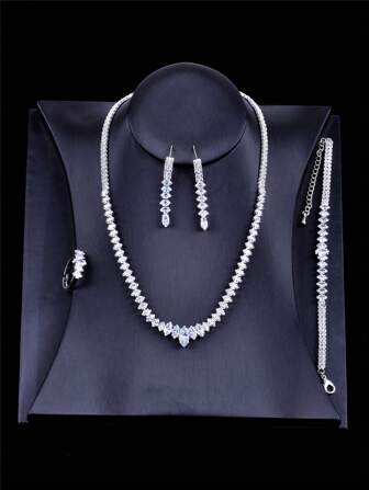 4pcs Silver-Plated Cubic Zirconia Jewelry Set - Earrings, Necklace, Bracelet, Ring, Gemstone Accessory Suitable For Party, Ball, Banquet