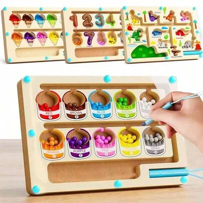Magnetic Color Number Maze, Wooden Dinosaur & Ice Cream Magnetic Maze Puzzle, Montessori Toy For Toddlers To Learn Counting, Color Sorting And Fine Motor Skills, Suitable For Preschoolers, Thanksgiving, Christmas, Easter Gifts