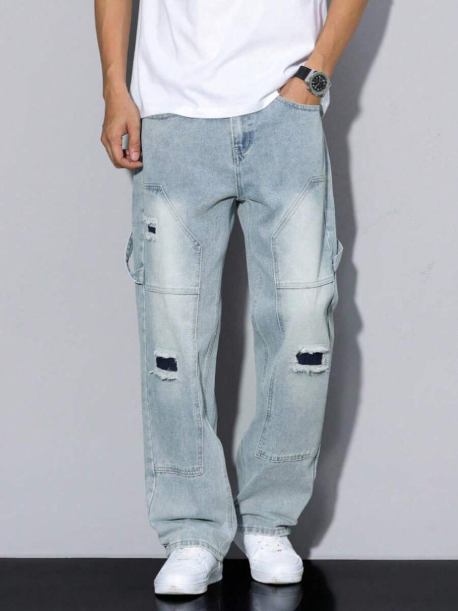pantalones hombre ropa vaquera hombre jeans hombre Pantalones vaqueros de trabajo sencillos con bolsillos para hombre, azul claro, retro, lavado azul.baggy jean hombre - Azul claro - Ver 1