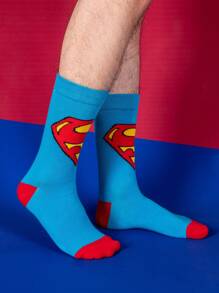 Warner Bros 1Pair Of Superman Hero Super Cartoon Animation Socks For Men, Novel, Fun, Happy And Crazy Socks For Christmas And Halloween, Suitable For Gifting At Parties, Fall Socks