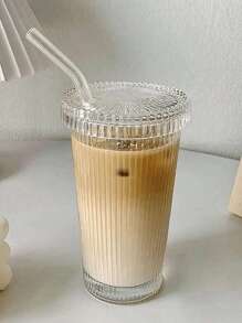 1 380ML Striped Coffee Cup, Heat-Resistant Lid Straw Glass Cup, Iced Coffee Cup, Drinking Cup, Summer And Winter Drinking Ware, Restaurant Glass Cup, Milk Cup, Iced Coffee And Juice Cup, Home, School, Office, Portable Water Bottle And Cup For Car Travel