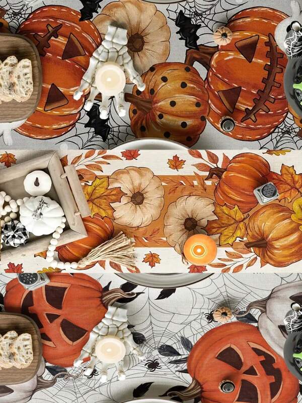 1 pièce Nappe d'Halloween, motif de citrouille blanche et de feuille d'érable, nappe de table de fête d'Halloween, décoration centrale de table à manger, linge de table d'ambiance de fête, nappe de décoration de fête, convient pour la fête d'Halloween, fête à thème