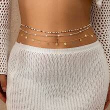 Mehrschichtige bohemische Taille-Kette mit Kunstperle, Pailletten und Metallakzenten für Frauen, charmant und sexy, Reisperlen-Mehrschicht-Pailletten-Bead-Schnur-Taillenkette für Frauen, modischer Strandparty-Style, Körperschmuck im Badeort-Stil