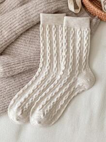1 Pair/7 Pairs Pack Women's Crew Socks, Multicolor Cashmere Blend Cable Knit Design, Soft & Comfortable, Odor-Resistant, Sweat-Absorbent, Retro Style, Regular/Ankle Length, All Season