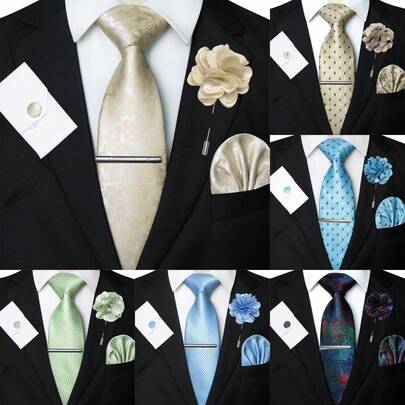 5 件套男士经典波尔卡圆点、钻石和佩斯利图案领带、口袋巾、袖扣、领带夹和翻领别针组合套装，适合工作、商务、正式、婚礼、休闲和毕业场合