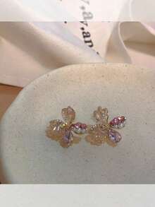 女士高端粉晶珍珠花朵耳钉，法式复古奢华优雅时尚百搭耳环