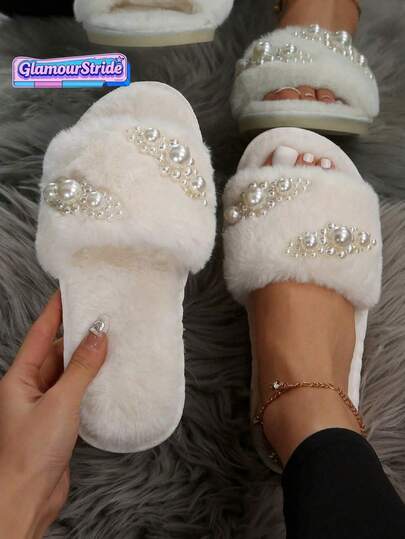 Comfortable & Warm Indoor Slippers For Women, Autumn/Winter, Elegant Faux Pearl Embellished Slip-On Fluffy House Shoes, Non-Slip, Suitable For All Seasons