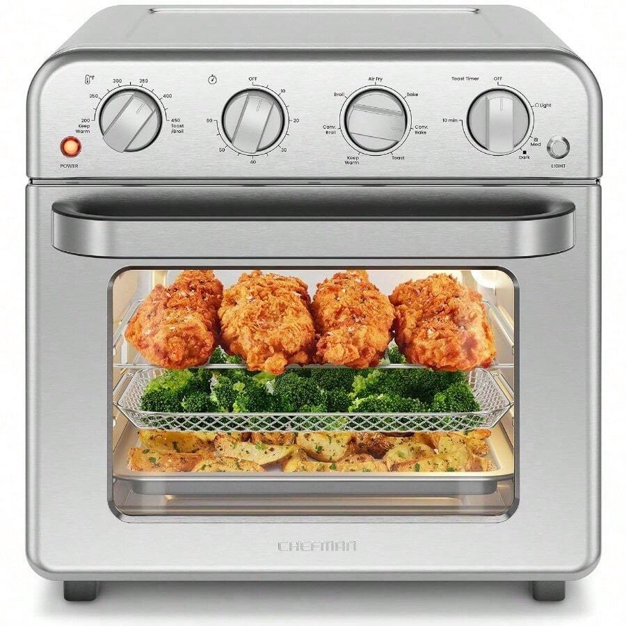 Chefman Combo de horno tostador de freidora de aire 7 en 1 horno de convección extra grande de 18 L cocinar una pizza de 10 pulgadas temporizador integrado apagado automático acero inoxidable - gris - Ver 1
