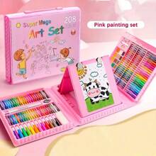 208pcs/Set Children Student Drawing Tool Combination Set, Wax Crayon & Watercolor Pen Washable (Pattern Accessories & Colors Random), Beginner Painting Set, Christmas Gift For Kids,Back To School