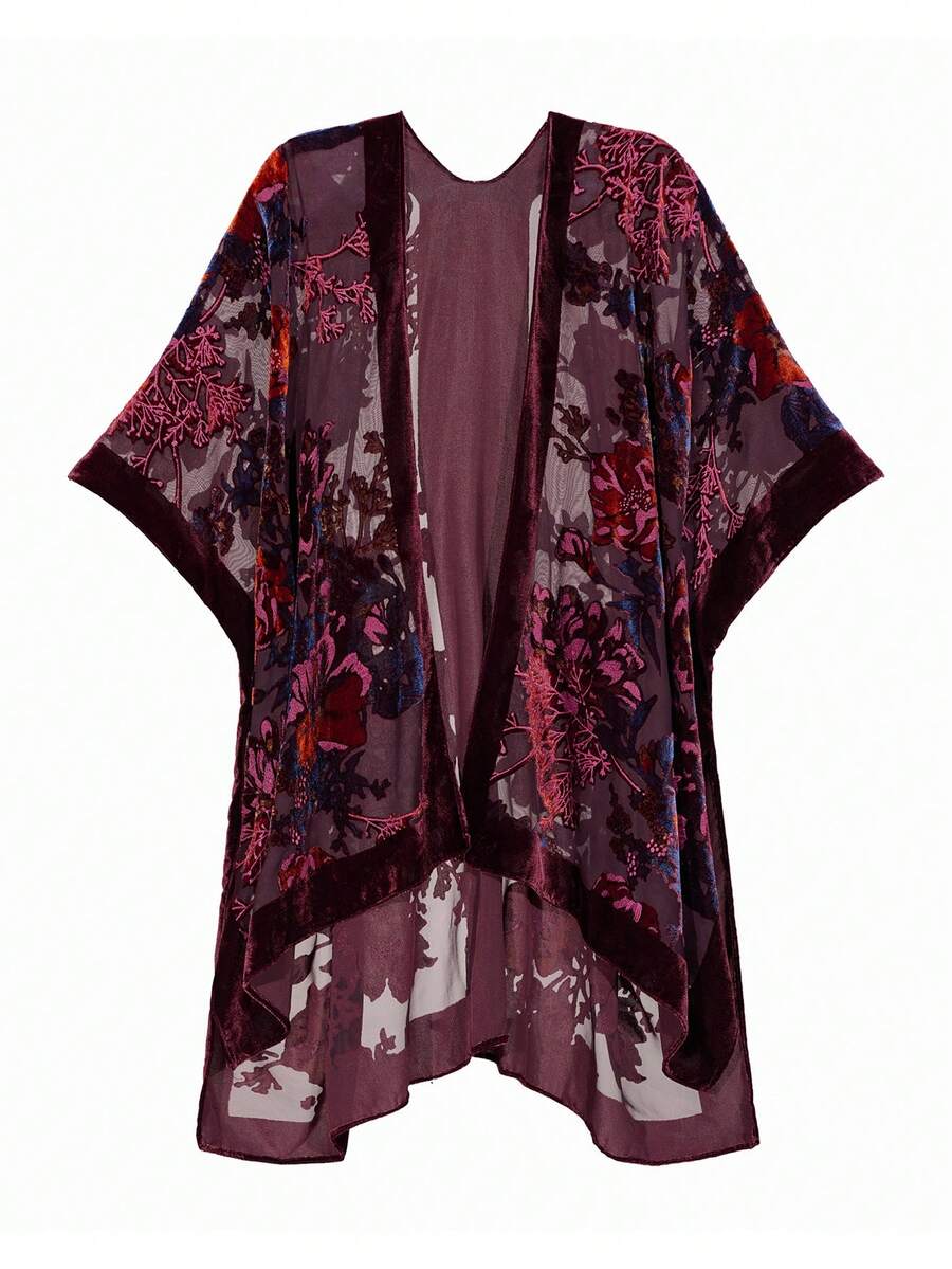 Easter Gift Velvet Kimono Cardigan For Women With Burnout Print, Long Velvet Kimono Swimsuit Cover Up, Burgundy, 1 Size Fits All - 酒紅色 - 查看 1