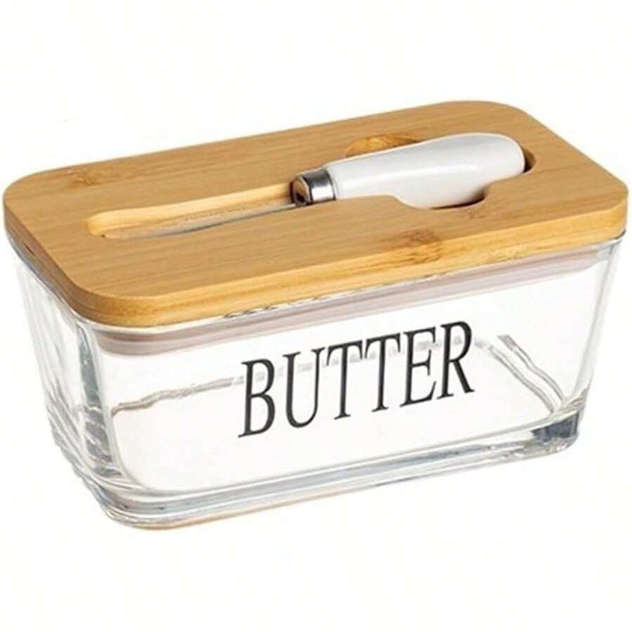 600 Ml Glass Butter Dish With Sealed Bamboo Lid And Butter Knife, Airtight Container For Storing Cream Cheese - 棕色 - 查看 1