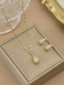 1 chiếc vòng cổ trang sức sang trọng bằng thép không gỉ hình giọt nước đính đá Rhinestone hoàn toàn thời trang dành cho nữ, 1 đôi bông tai trang sức sang trọng bằng thép không gỉ hình giọt nước đính đá Rhinestone hoàn toàn thời trang dành cho nữ - Vàng - Xem 12